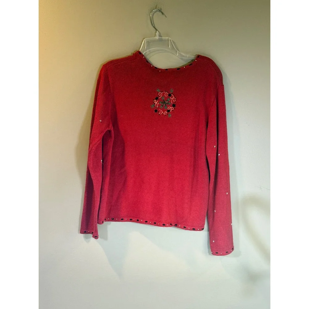Designers Studio Originals Cardigan Women M Red Holiday Embroidered Beaded Holly